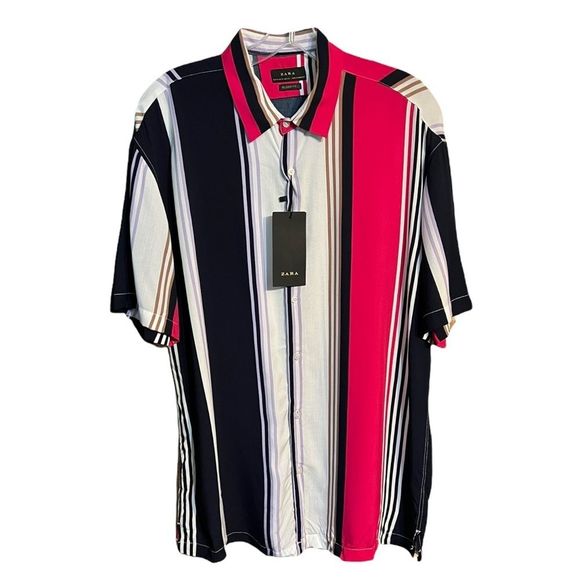 Zara Men's Relaxed Fit Short Sleeve Button Up Pink Blue Stripe Shirt Sz M NWT - Picture 5 of 16